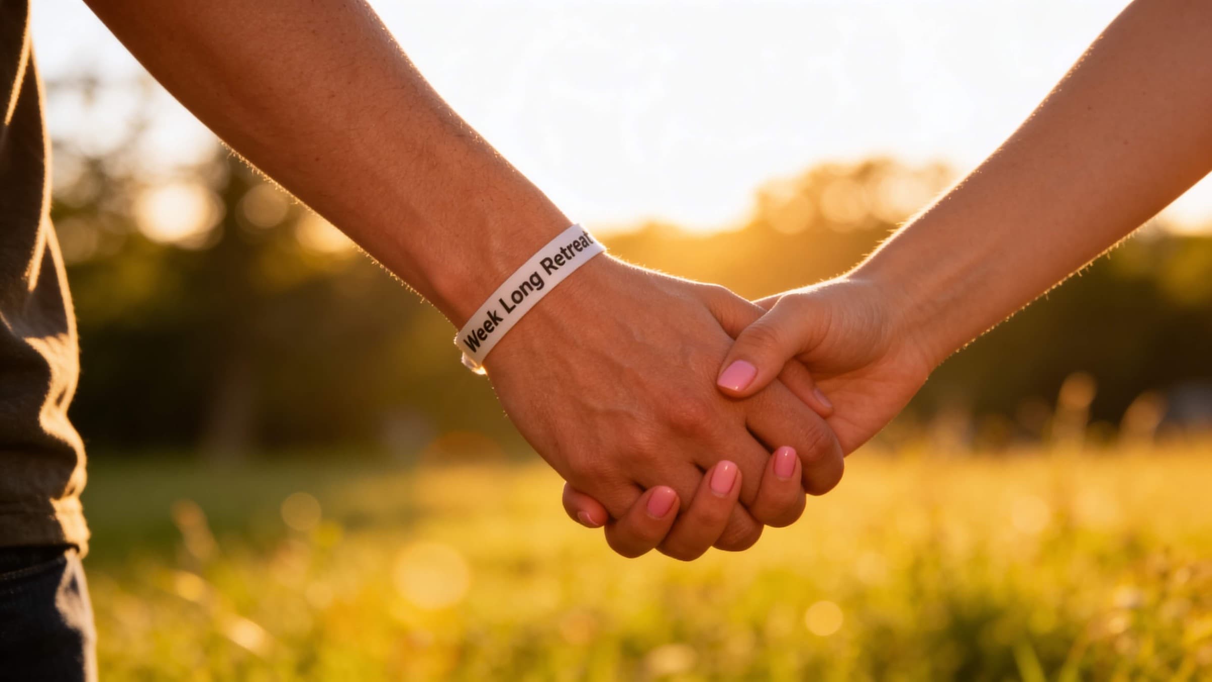 Two hands holding, sunset light, a Week Long Retreat wristband on the angel's wrist