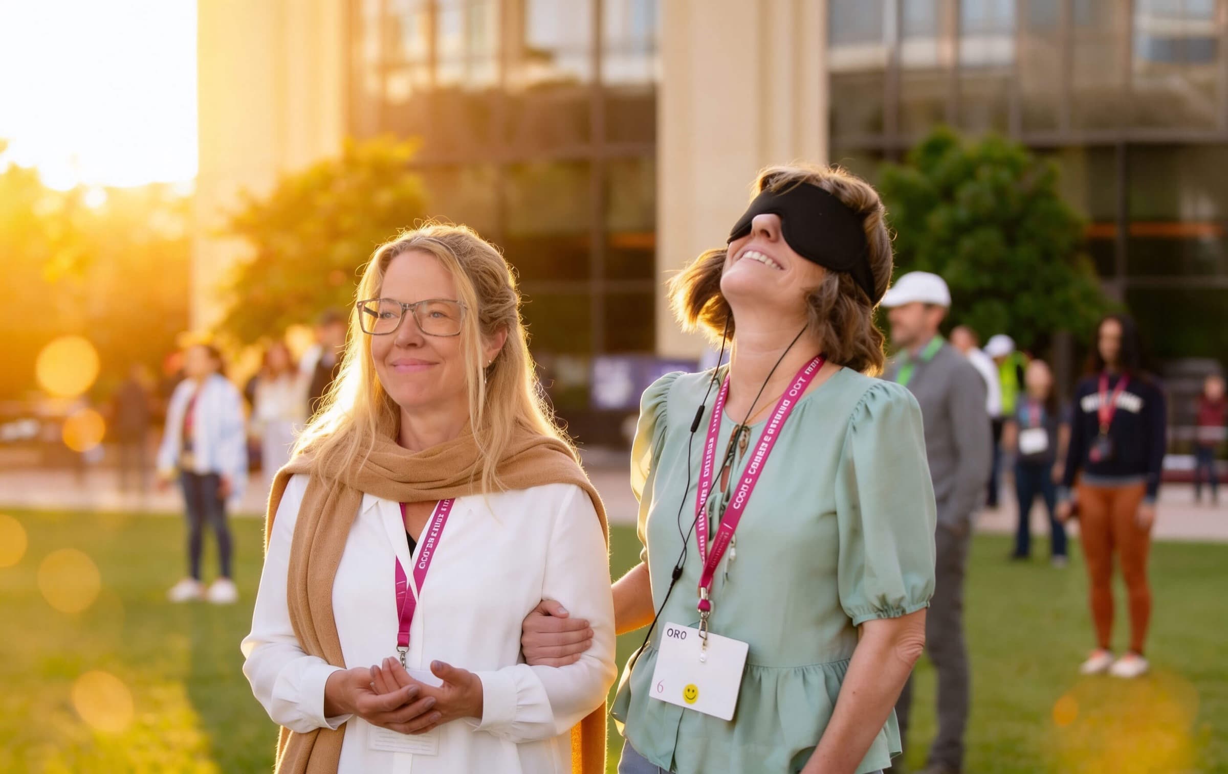 An angel laughs softly beside a scholar wearing a meditation eye mask, on a retreat lawn at sunset
