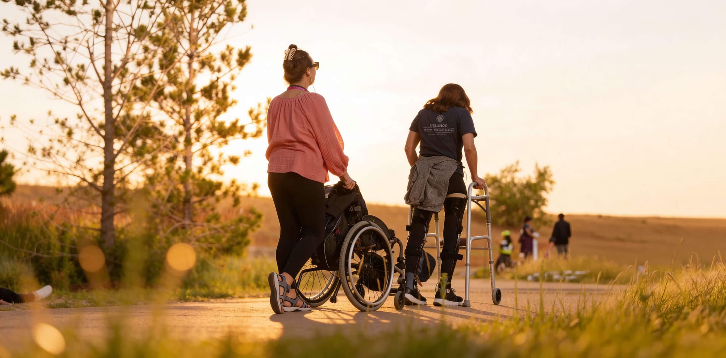 An angel pushes a wheelchair while a scholar walks beside her with a walker, both moving toward the sunset