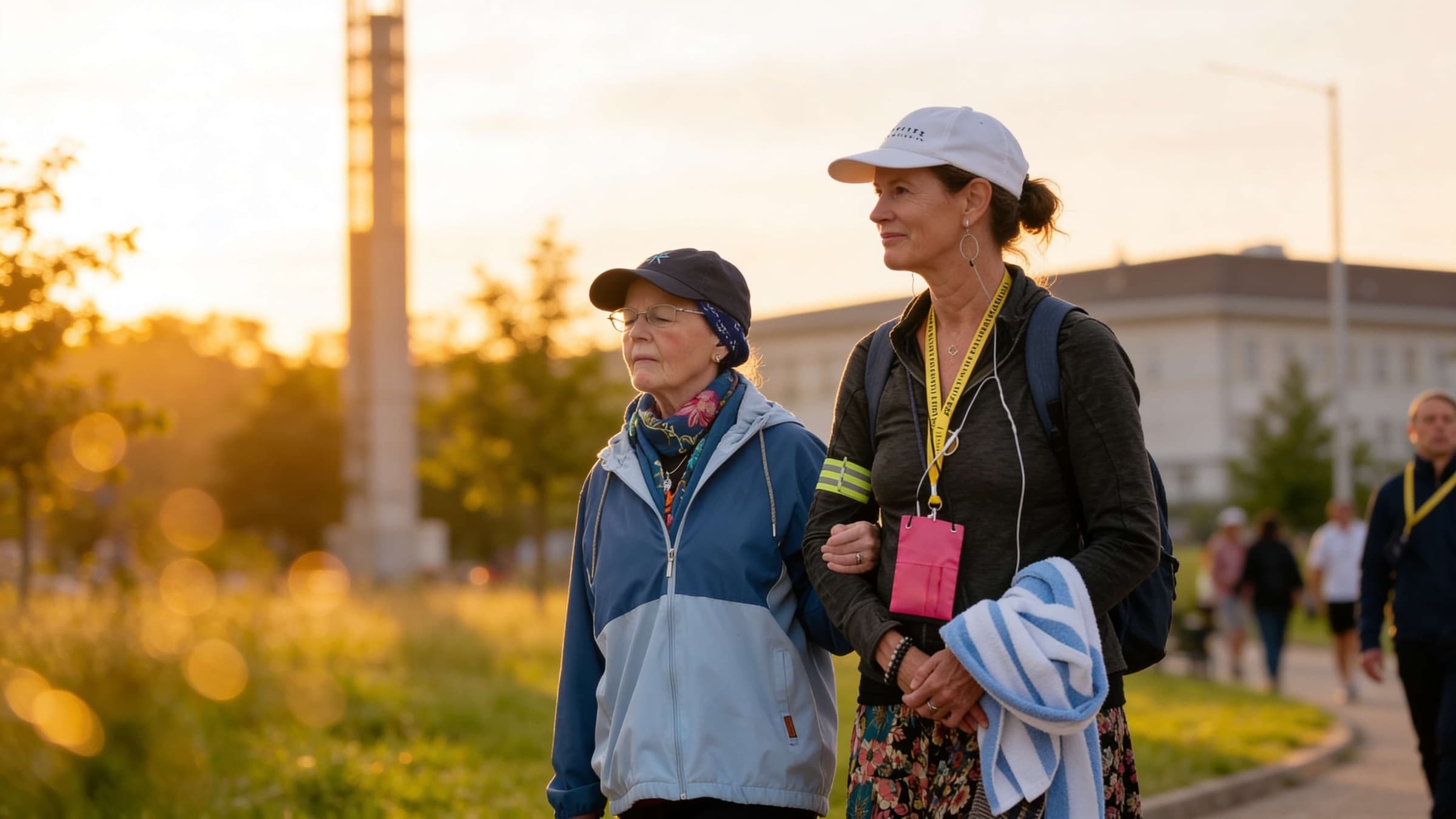 An angel walks beside a scholar at sunset, both wearing event lanyards