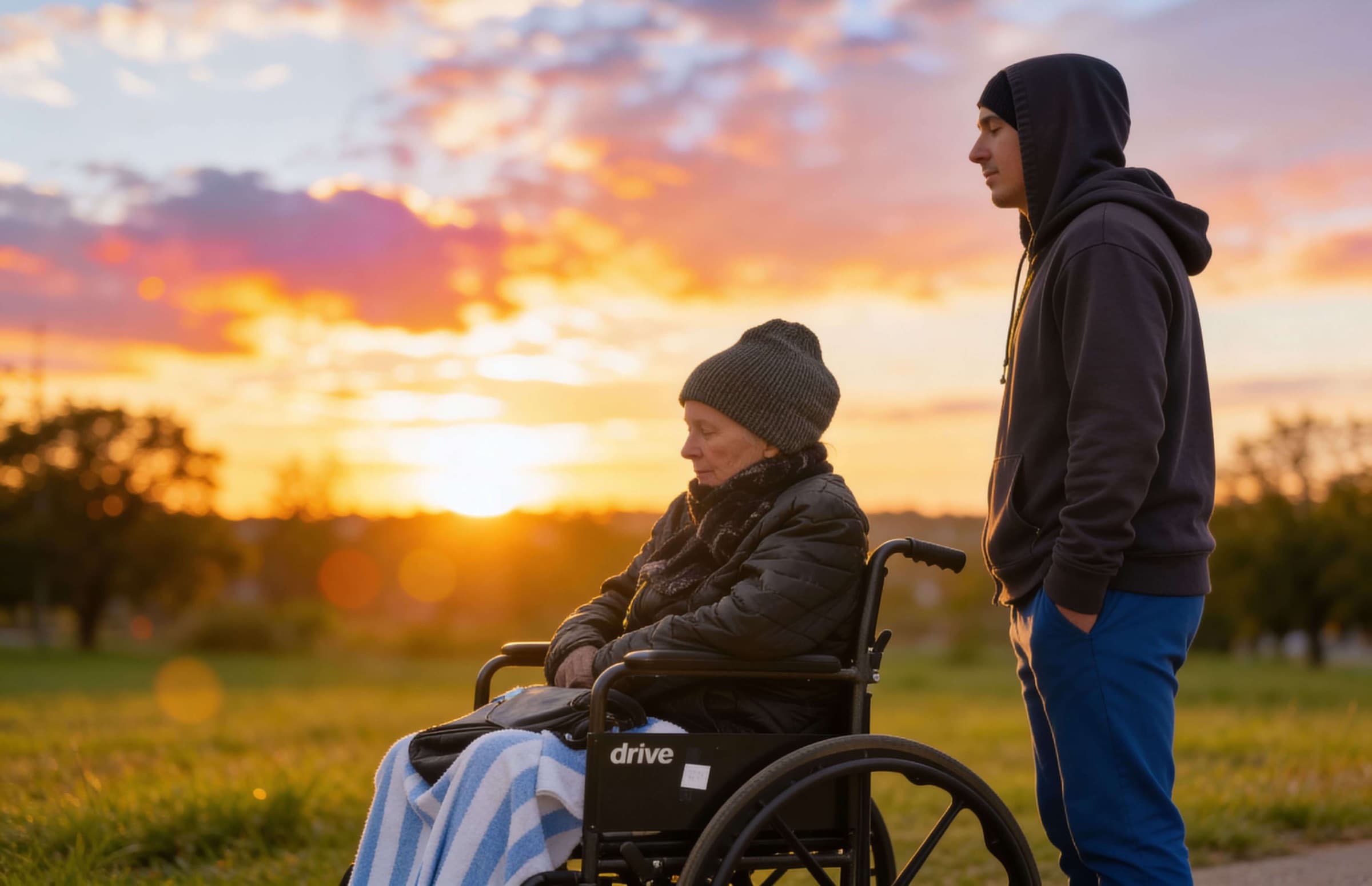 A scholar in a wheelchair and her supporting angel watch the sunset together